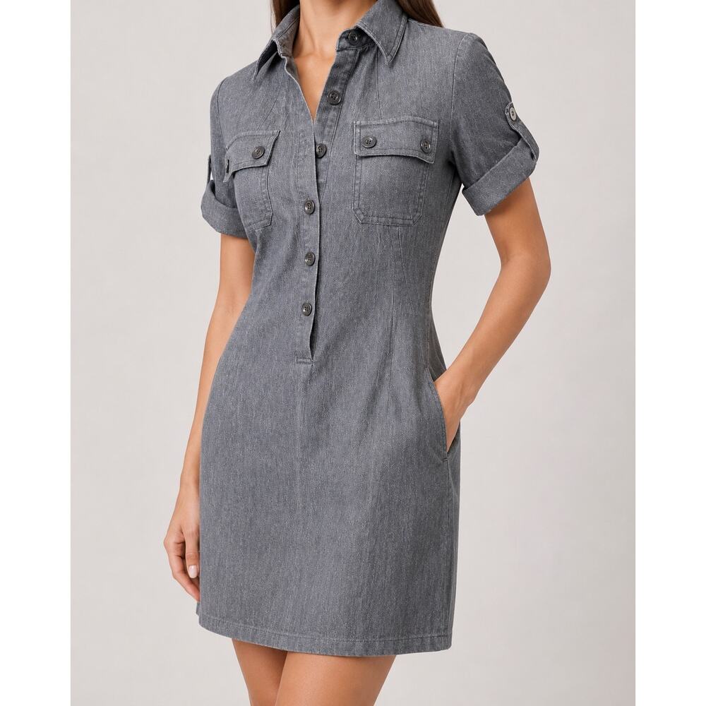 Vince Size 4 Gray/Black Denim Jean Button Front Shirtdress With Pockets